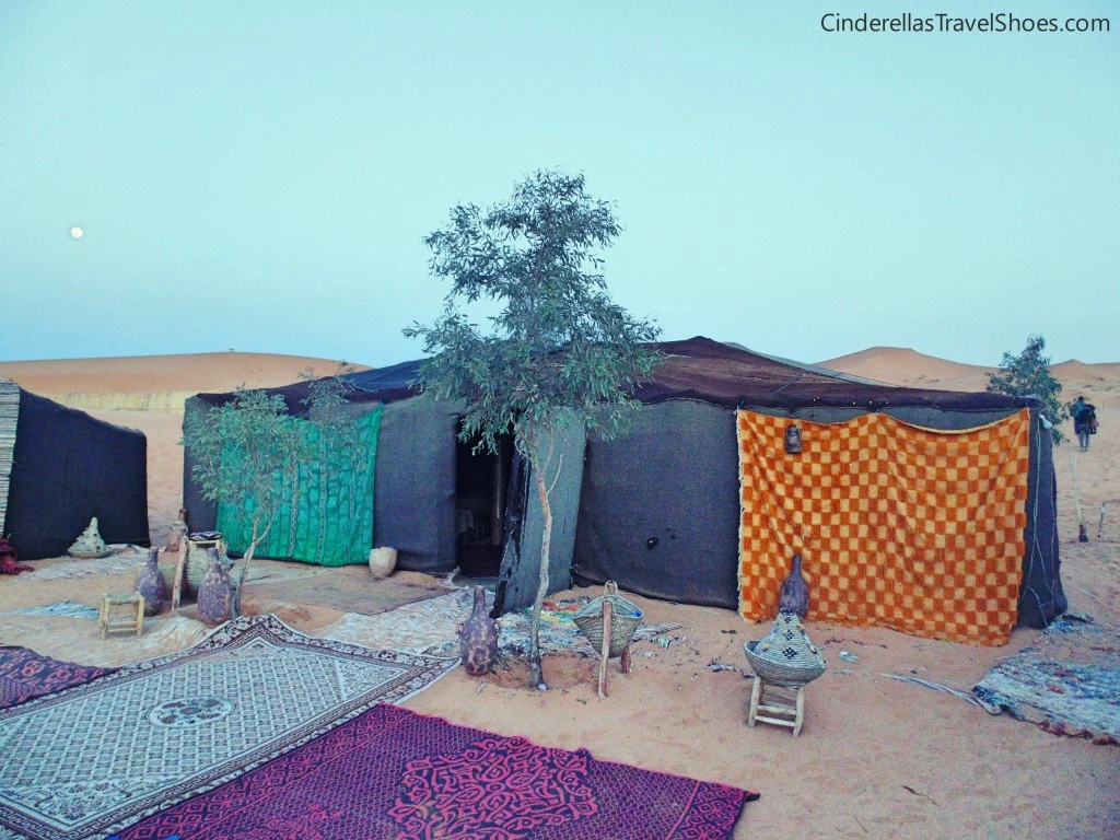 Tents in Sahara desert in Morocco during sunrise