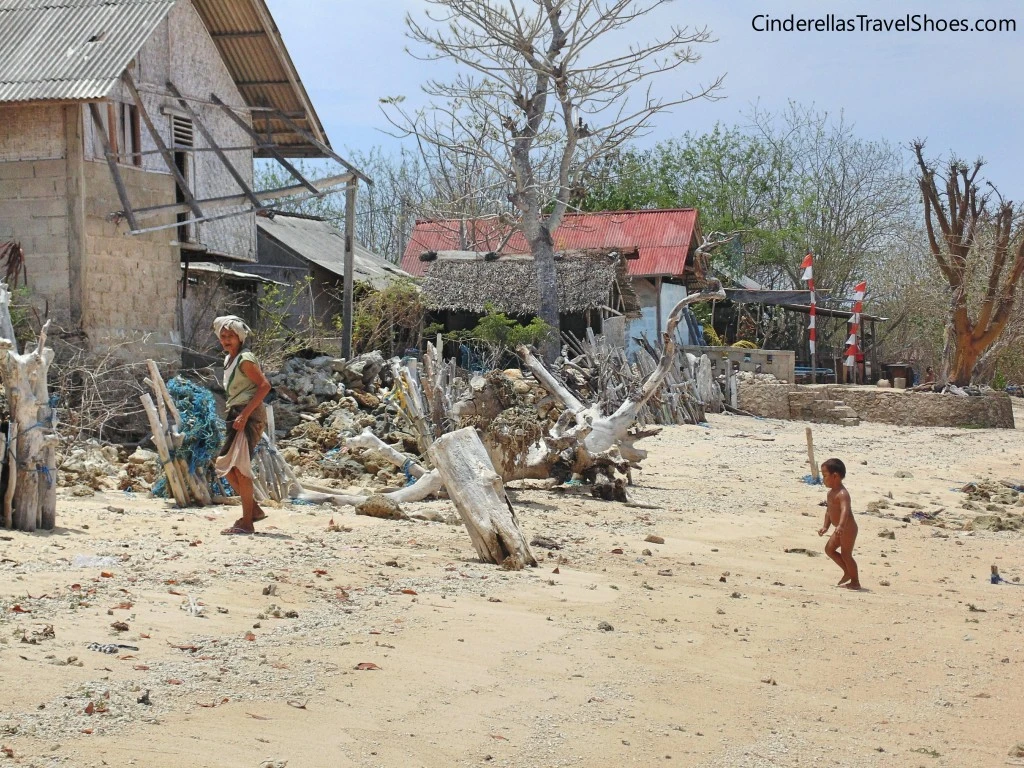Woman with her child next to a kelp farm in Lembongan